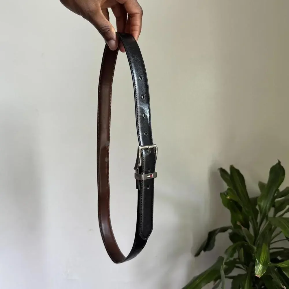 Vintage‎ Hdouble sides brown/black reversible silver buckle leather belt size L